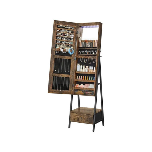 【Gift Idea】Songmics LED Mirror Jewelry Cabinet Standing, Lockable Jewelry Armoire with Full-Length Mirror, Space-Saving Jewelry Organizer with Mirror, Bottom Drawer, Christmas Gifts
